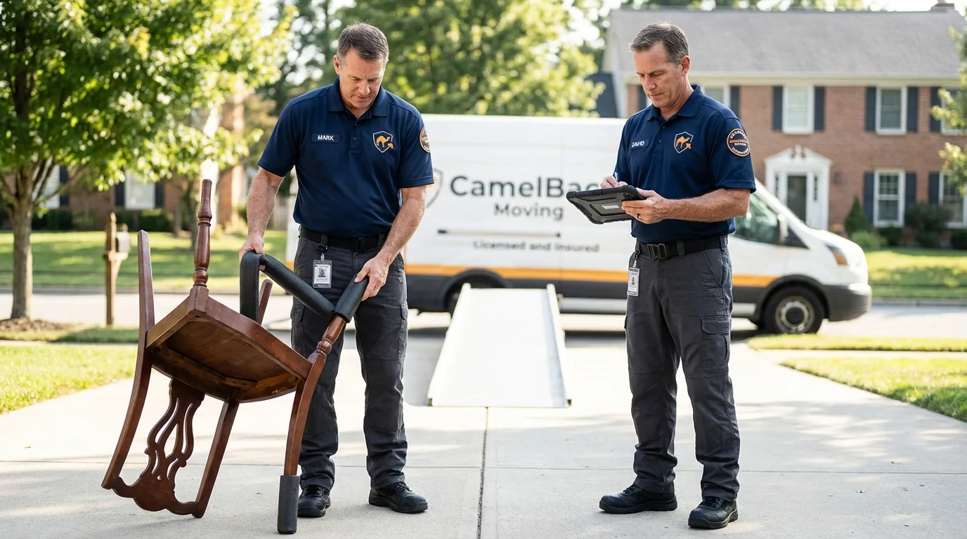 Movers inspecting furniture for damage prevention before loading in Seminole, FL