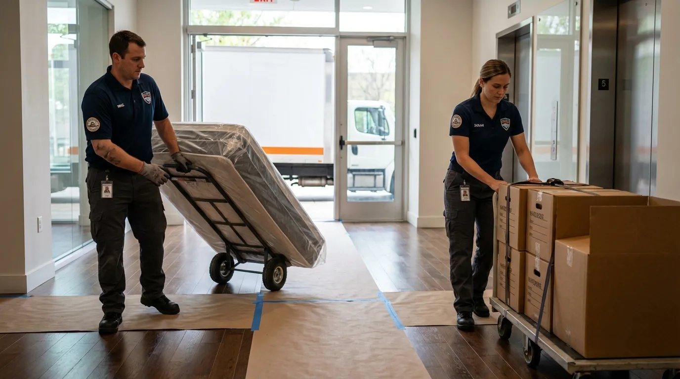 Professional apartment movers loading elevator in Seminole, FL