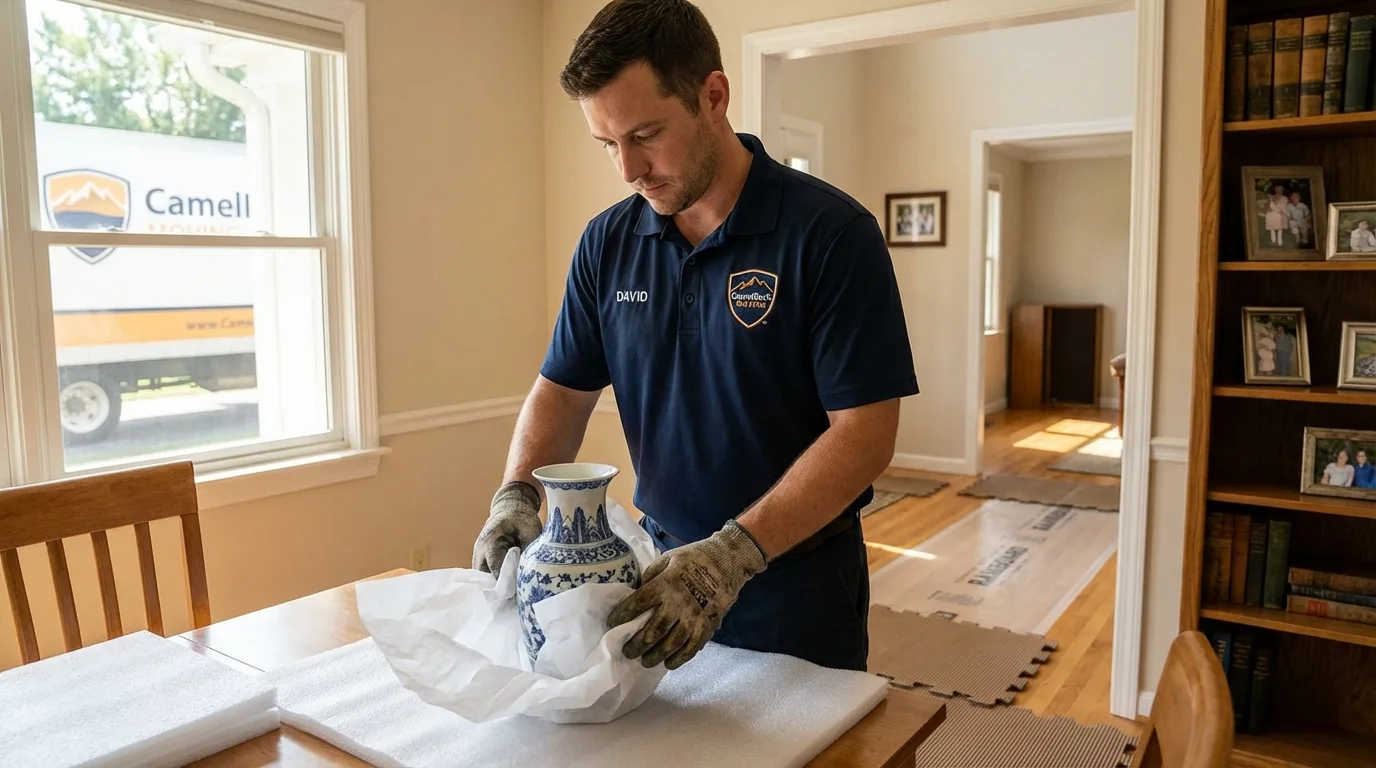 Professional crew carefully wrapping antique vase for senior downsizing move in Seminole, FL